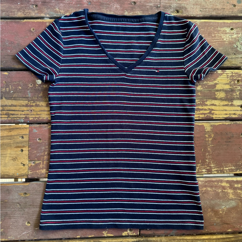 Tommy Hilfiger Blue and White V Neck Short Sleeve T-Shirt